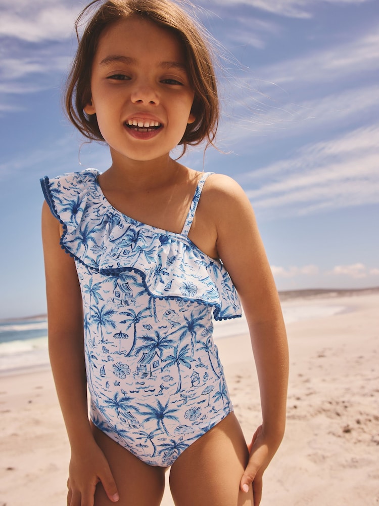 Blue Palm Print One Shoulder Swimsuit (3-16yrs) - Blue Palm Print One Shoulder / 10 Years (140cm)
