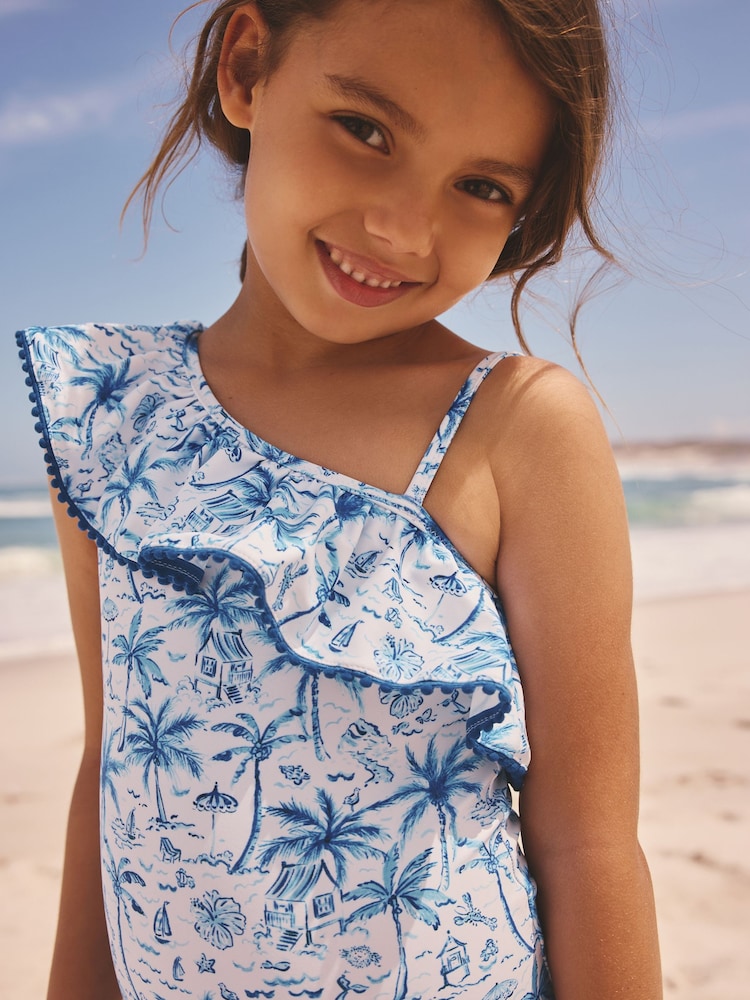 Blue Palm Print One Shoulder Swimsuit (3-16yrs)