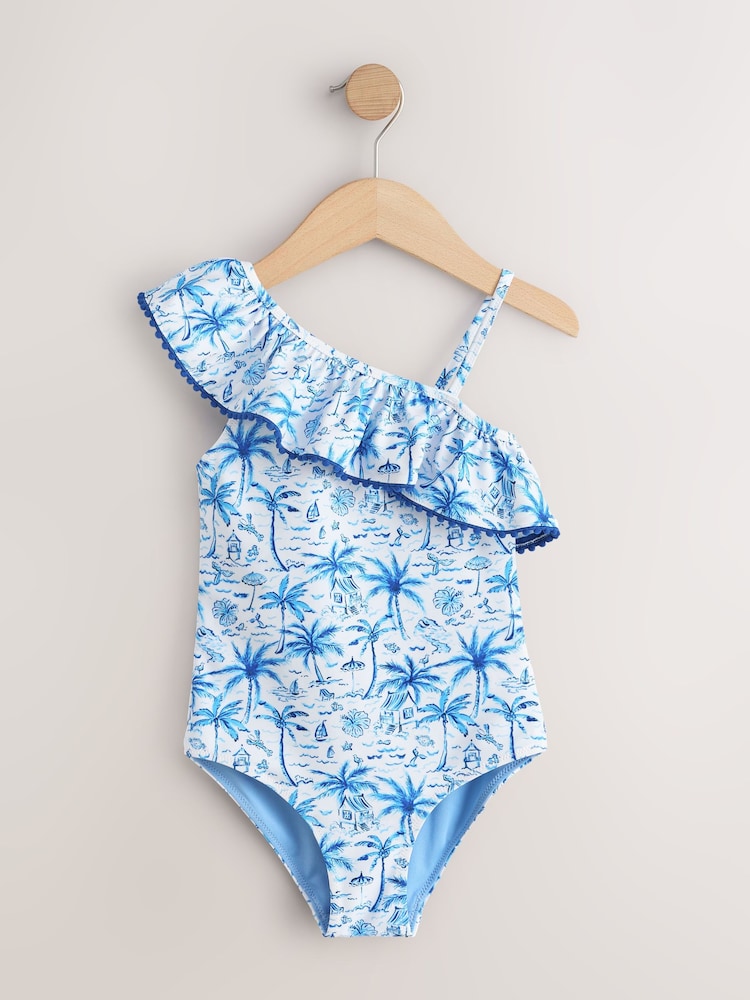 Blue Palm Print One Shoulder Swimsuit (3-16yrs)