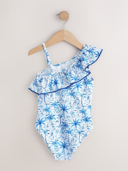 Blue Palm Print One Shoulder Swimsuit (3-16yrs)