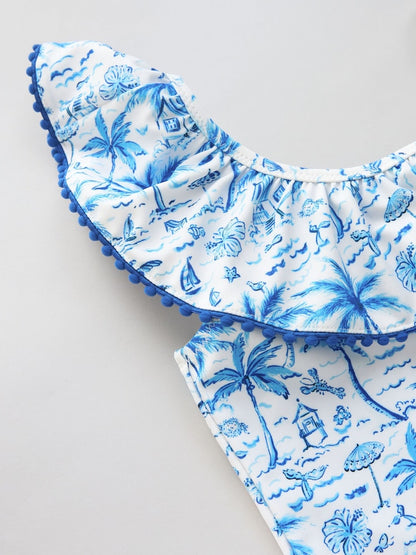 Blue Palm Print One Shoulder Swimsuit (3-16yrs)