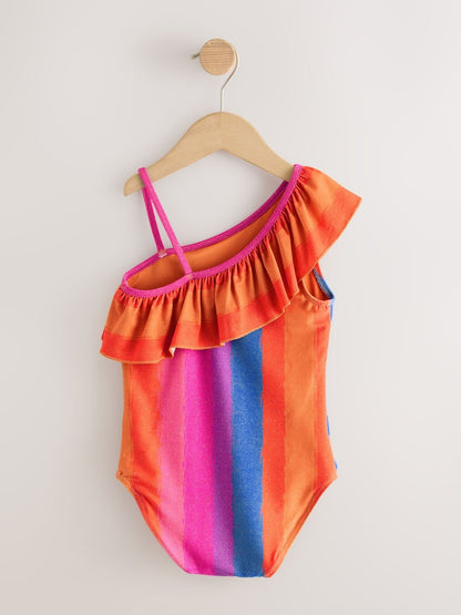 Multi Glitter Stripe One Shoulder Swimsuit (3-16yrs)