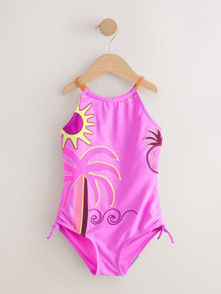 Purple Palm Applique Strappy Ruched Swimsuit (3-16yrs) - Size 3 Years (98cm)