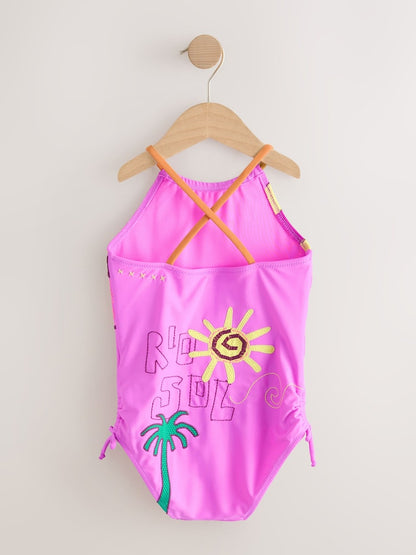 Purple Palm Applique Strappy Ruched Swimsuit (3-16yrs) - Size 3 Years (98cm)