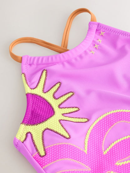 Purple Palm Applique Strappy Ruched Swimsuit (3-16yrs) - Size 3 Years (98cm)