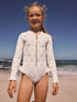 White Embroidered Shell Long Sleeved Sunsafe Swimsuit (3-16yrs) - White Embroidered Shell Long Sleeved Sunsafe / 10 Years (140cm)