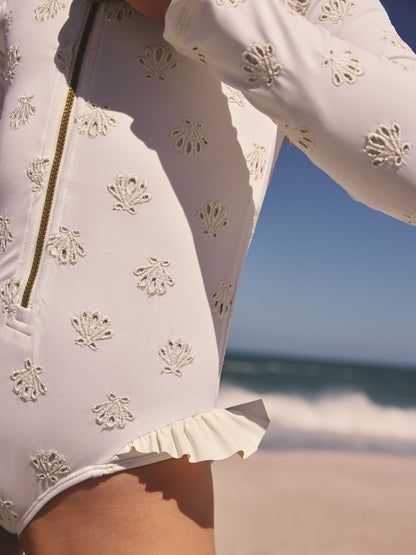 White Embroidered Shell Long Sleeved Sunsafe Swimsuit (3-16yrs)
