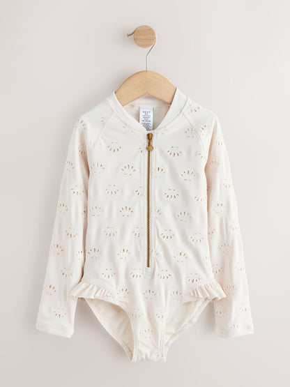 White Embroidered Shell Long Sleeved Sunsafe Swimsuit (3-16yrs)