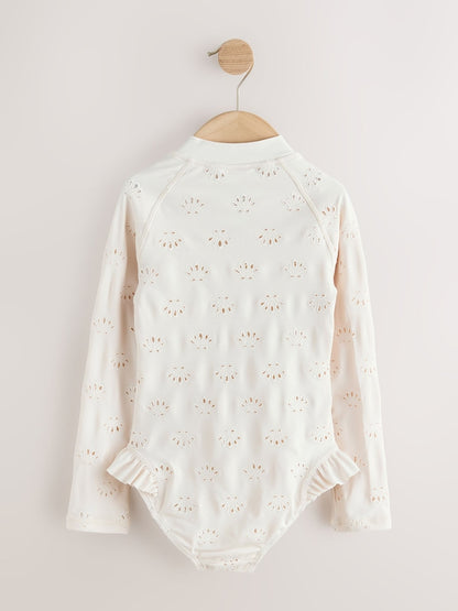 White Embroidered Shell Long Sleeved Sunsafe Swimsuit (3-16yrs)