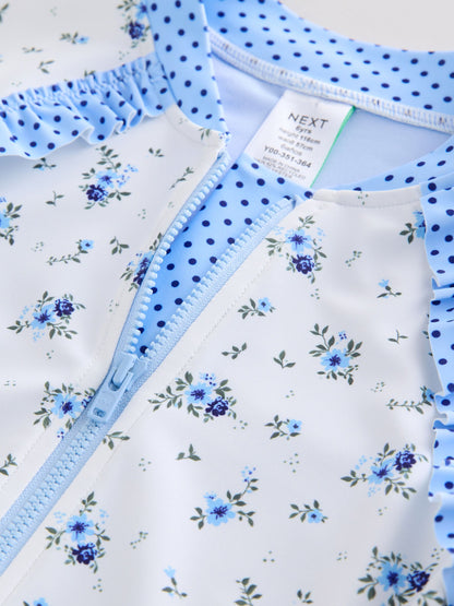 Blue/White Floral Polka Dot Long Sleeve Sunsafe Swimsuit (3mths-16yrs) - Size 3 Years (98cm)