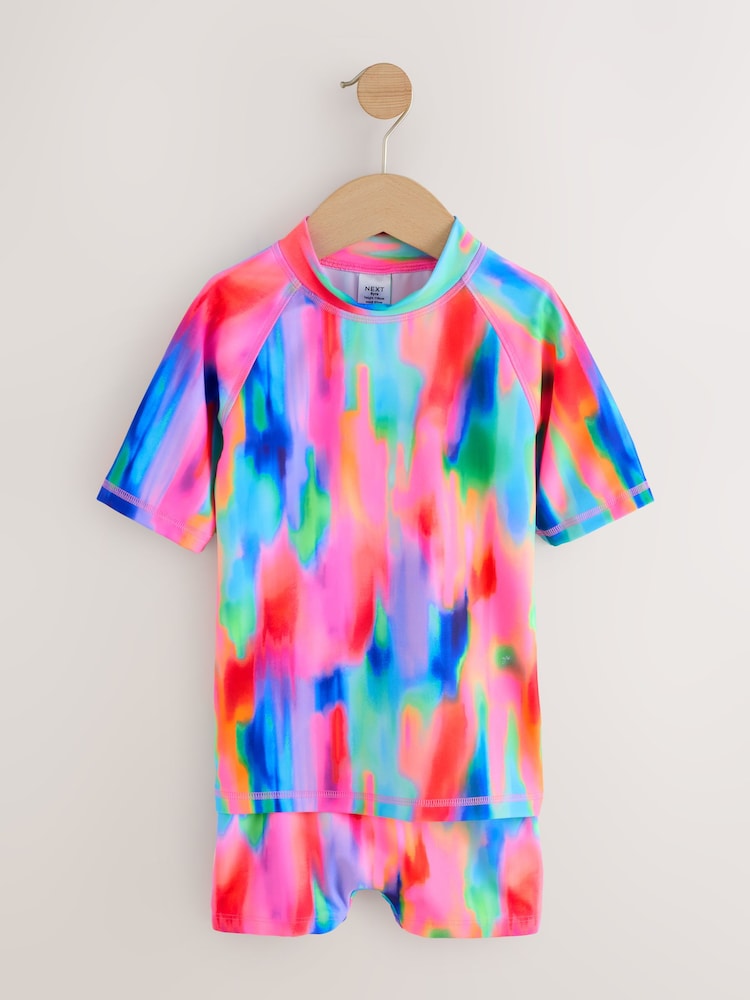 Rainbow Tie Dye Sunsafe Rash Vest And Shorts Swim Set (3-16yrs)