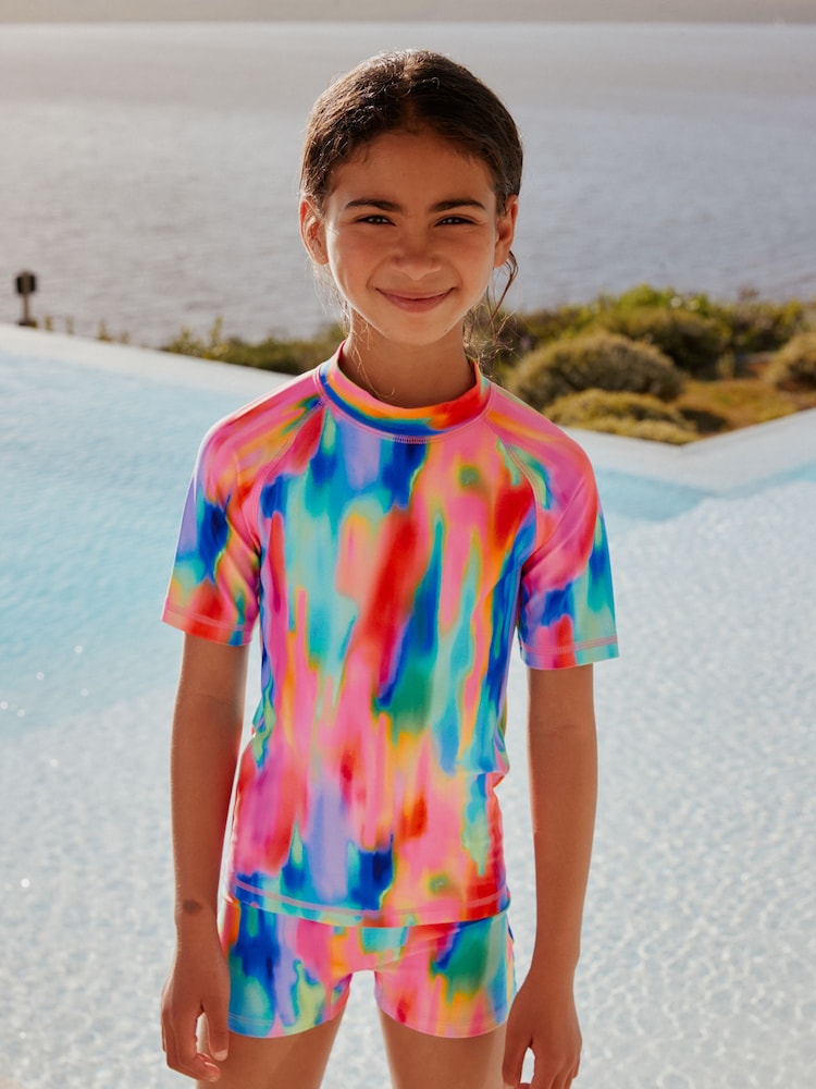 Rainbow Tie Dye Sunsafe Rash Vest And Shorts Swim Set (3-16yrs)