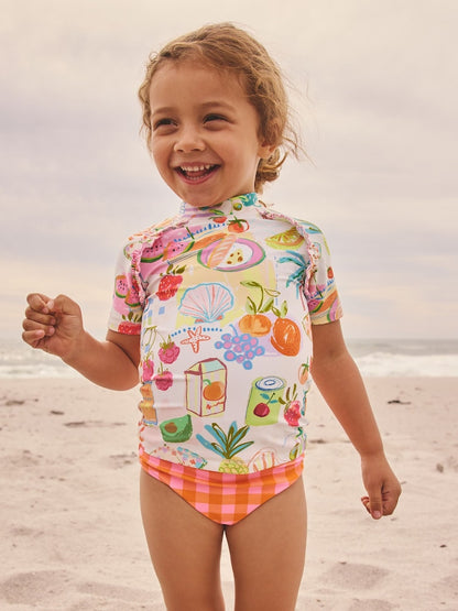 Orange Picnic Scene Short Sleeved Sunsafe Swim Set (3mths-10yrs) - Orange Picnic Scene / 12-18 Months (80-86cm)
