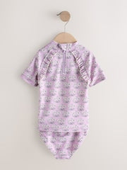 Lilac Purple Ditsy Floral Short Sleeved Sunsafe Swim Set (3mths-10yrs) - Size 3-6 Months (62-68cm)