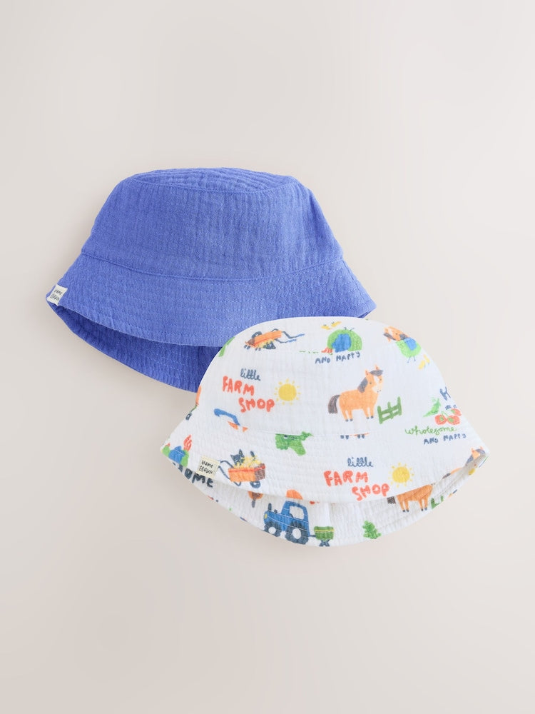 Blue Farm Woven Baby Bucket Hats 2 Pack - Blue Farm Woven / Up To 3 Months (50 - 62cm)