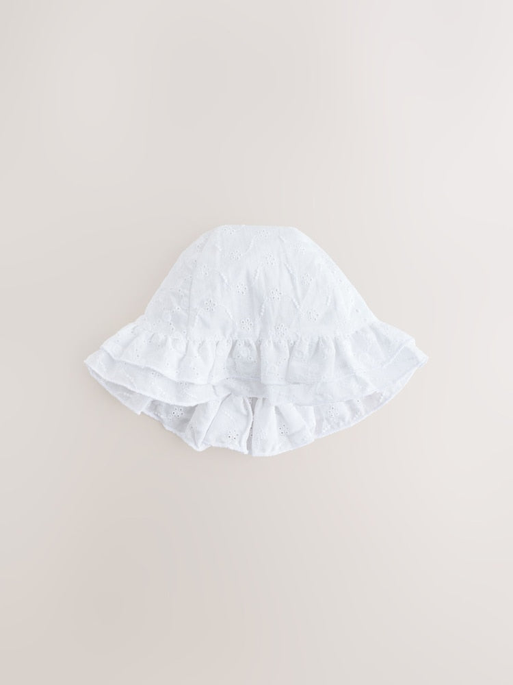 White Broderie Bucket Baby Hat - Size 50cm (First Size)