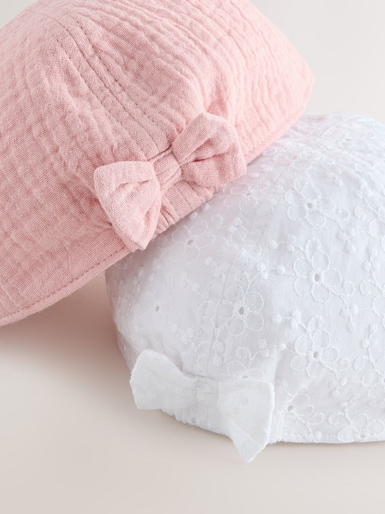 Pink/White Broderie Bow Back Baby Hats 2 Pack