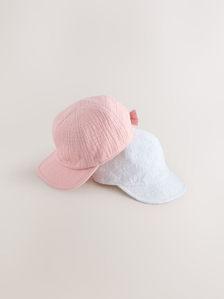 Pink/White Broderie Bow Back Baby Hats 2 Pack - Size 50cm (First Size)