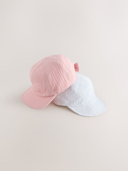 Pink/White Broderie Bow Back Baby Hats 2 Pack - Size 50cm (First Size)