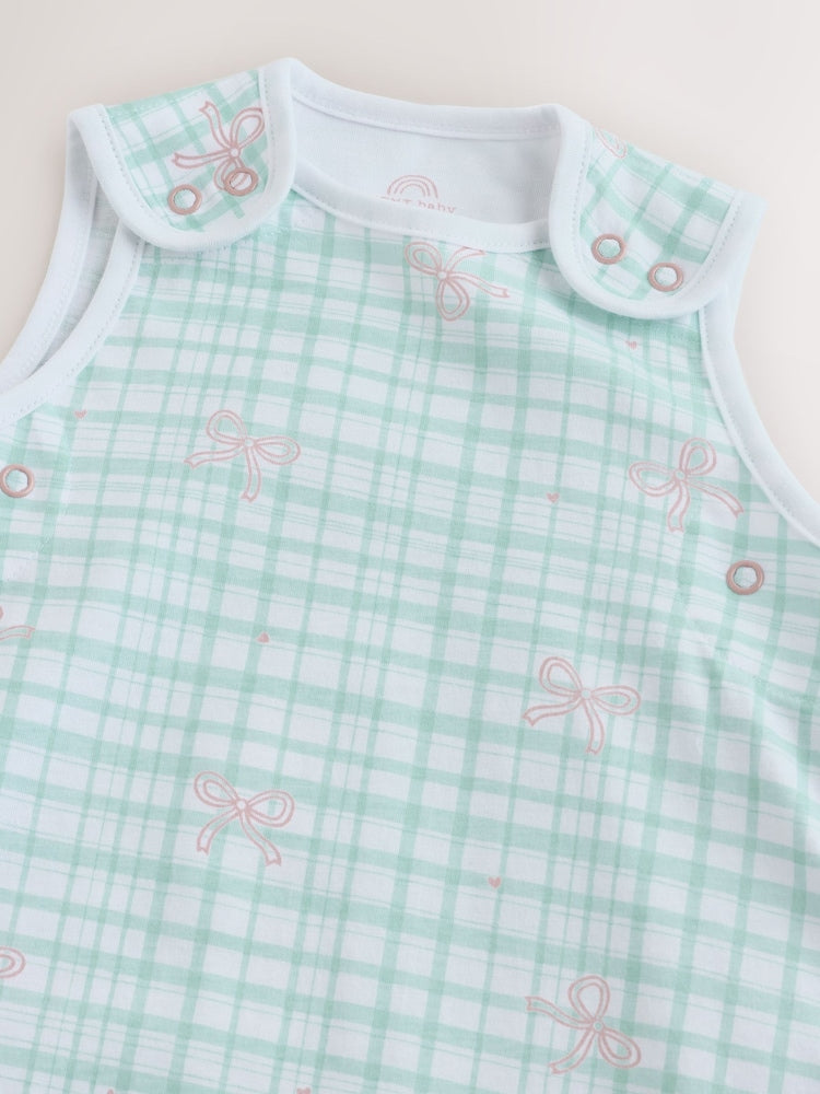 Green/Pink Gingham Bows 0.5 Tog Sleeveless Baby Sleep Bag