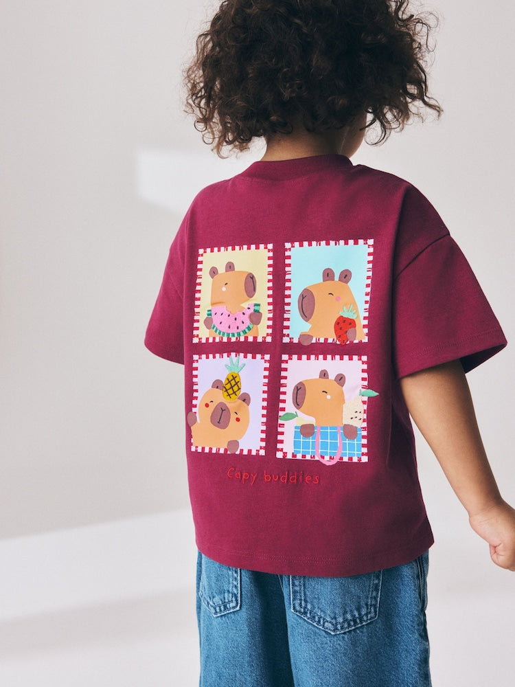 Burgundy Capybara Short Sleeve T-Shirt (3mths-7yrs) - Burgundy Capybara / 12-18 Months (80-86cm)