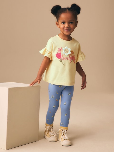 Yellow Padded Flower Short Sleeve T-Shirt and Leggings Set (3mths-7yrs) - Size 3-6 Months (62-68cm)