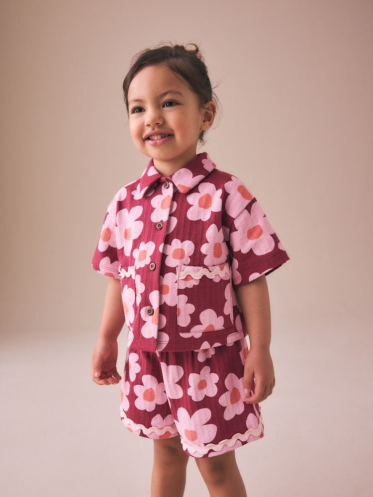 Pink/Plum Stampy Flower Short Sleeve Button Shirt and Shorts Set (3mths-7yrs)