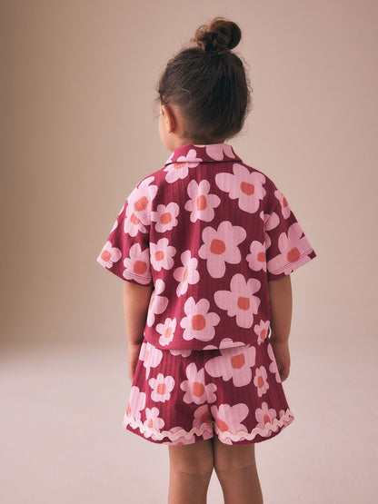 Pink/Plum Stampy Flower Short Sleeve Button Shirt and Shorts Set (3mths-7yrs) - Size 3-6 Months (62-68cm)