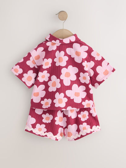 Pink/Plum Stampy Flower Short Sleeve Button Shirt and Shorts Set (3mths-7yrs) - Size 3-6 Months (62-68cm)