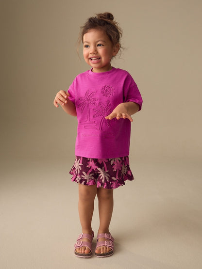 Pink/Purple Palm Tree Embroidery Short Sleeve Top and Shorts Set (3mths-7yrs) - Pink/Purple Palm Tree Embroidery / 12-18 Months (80-86cm)
