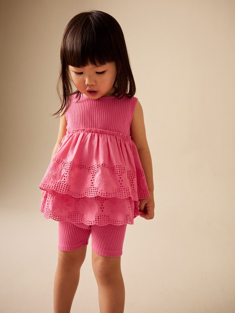 Pink Broderie Peplum Vest and Cycle Shorts Set (3mths-7yrs) - Pink / 12-18 Months (80-86cm)