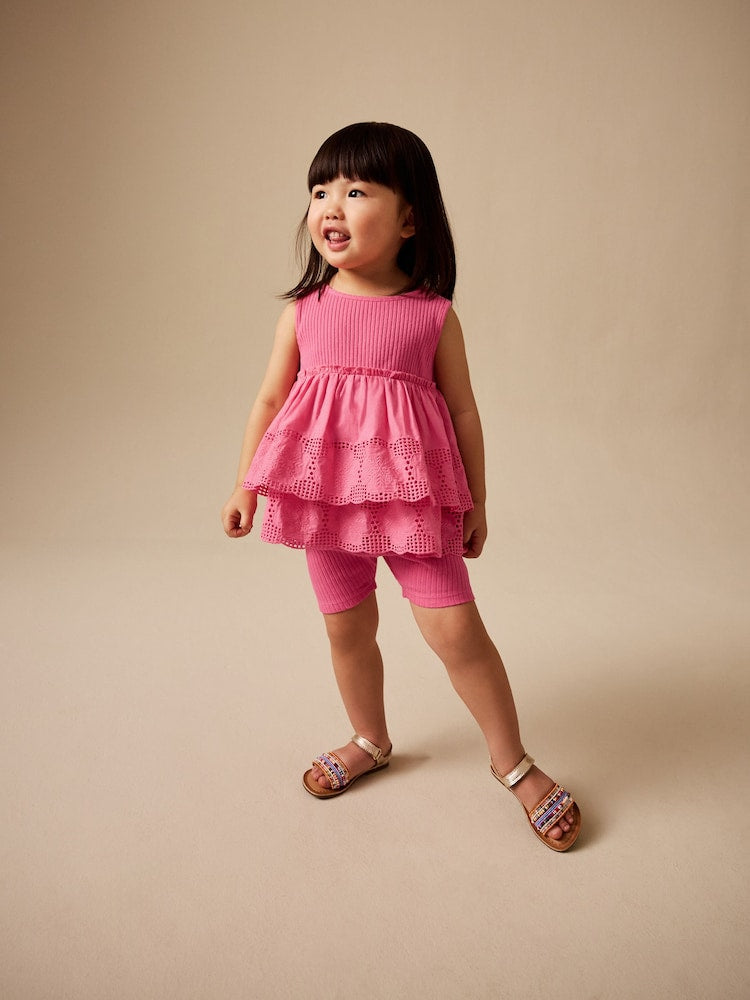 Pink Broderie Peplum Vest and Cycle Shorts Set (3mths-7yrs)