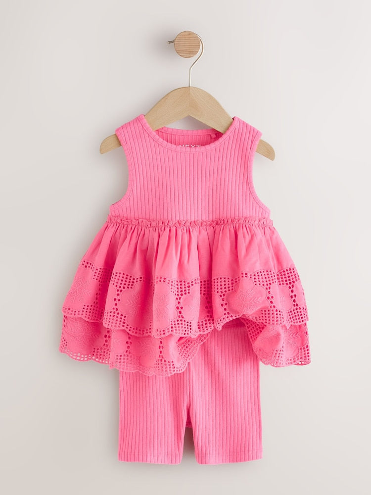 Pink Broderie Peplum Vest and Cycle Shorts Set (3mths-7yrs)