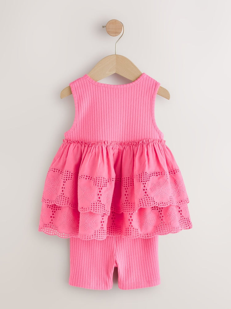 Pink Broderie Peplum Vest and Cycle Shorts Set (3mths-7yrs)
