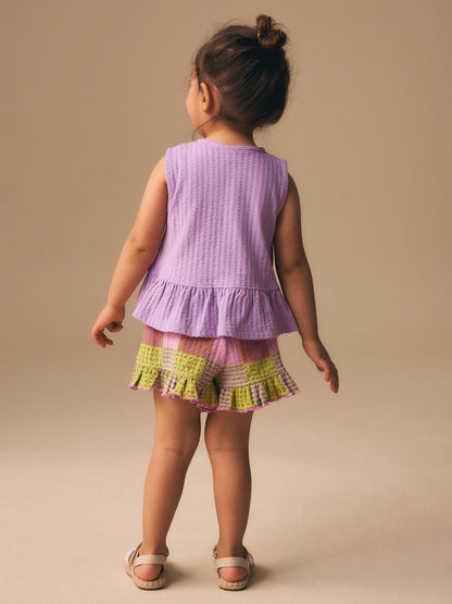 Lilac Purple Check Peplum Vest and Shorts Set (3mths-7yrs) - Size 3-6 Months (62-68cm)