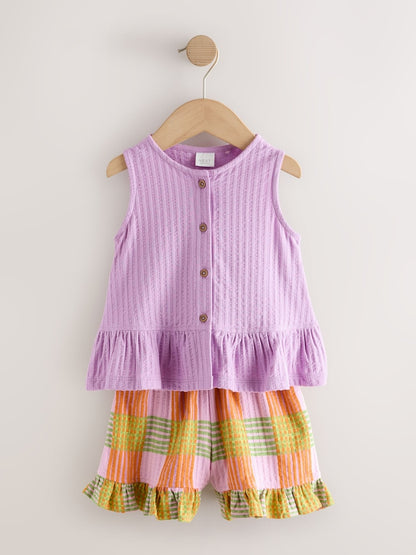 Lilac Purple Check Peplum Vest and Shorts Set (3mths-7yrs) - Size 3-6 Months (62-68cm)