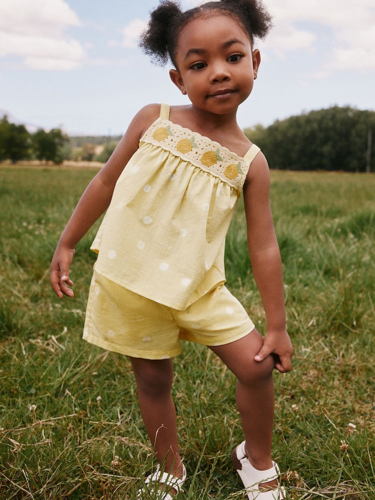 Lemon Yellow Spot Crochet Top And Short Set (3mths-7yrs) - Lemon Yellow Spot / 12-18 Months (80-86cm)