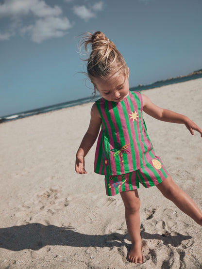 Pink/Green Stripe Embroided Shorts And Top Set (3mths-7yrs) - Pink/Green Stripe Embroided / 12-18 Months (80-86cm)