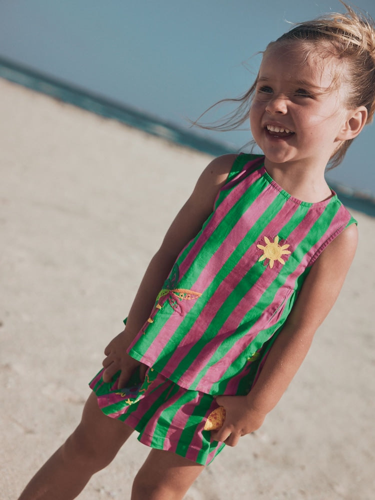 Pink/Green Stripe Embroided Shorts And Top Set (3mths-7yrs)