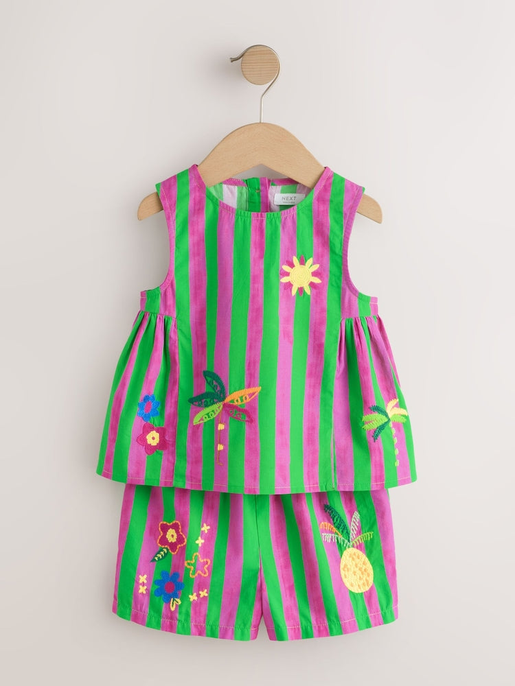 Pink/Green Stripe Embroided Shorts And Top Set (3mths-7yrs)