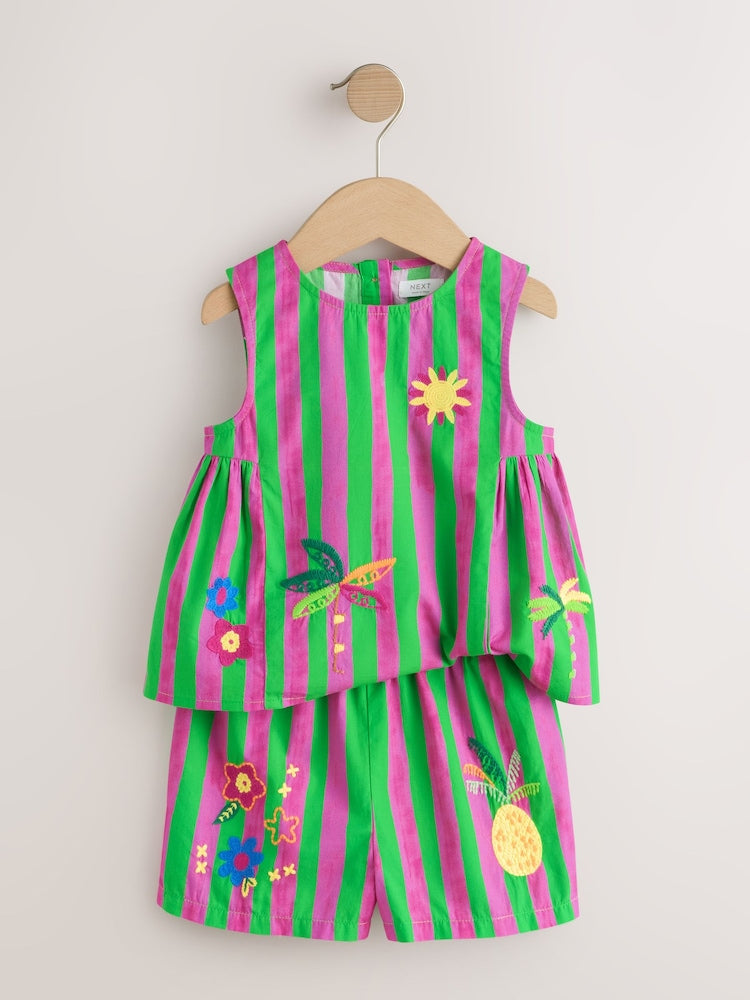 Pink/Green Stripe Embroided Shorts And Top Set (3mths-7yrs)