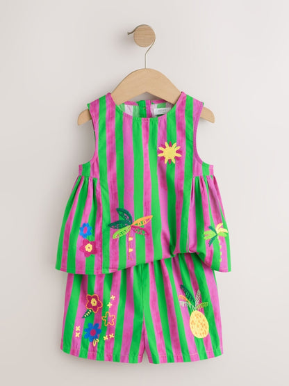 Pink/Green Stripe Embroided Shorts And Top Set (3mths-7yrs)