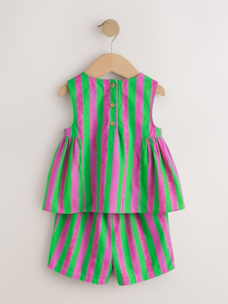 Pink/Green Stripe Embroided Shorts And Top Set (3mths-7yrs)