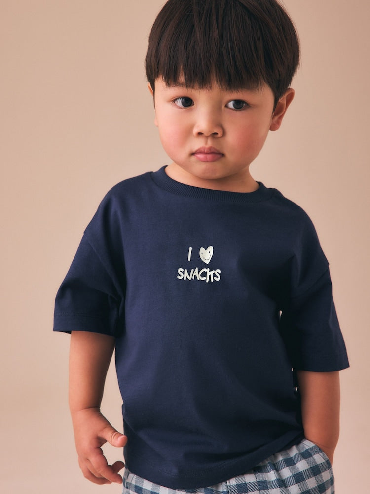 Navy Blue I love snacks Slogan Short Sleeve Small Graphic T-Shirt (3mths-7yrs) - Navy Blue I love snacks Slogan / 12-18 Months (80-86cm)
