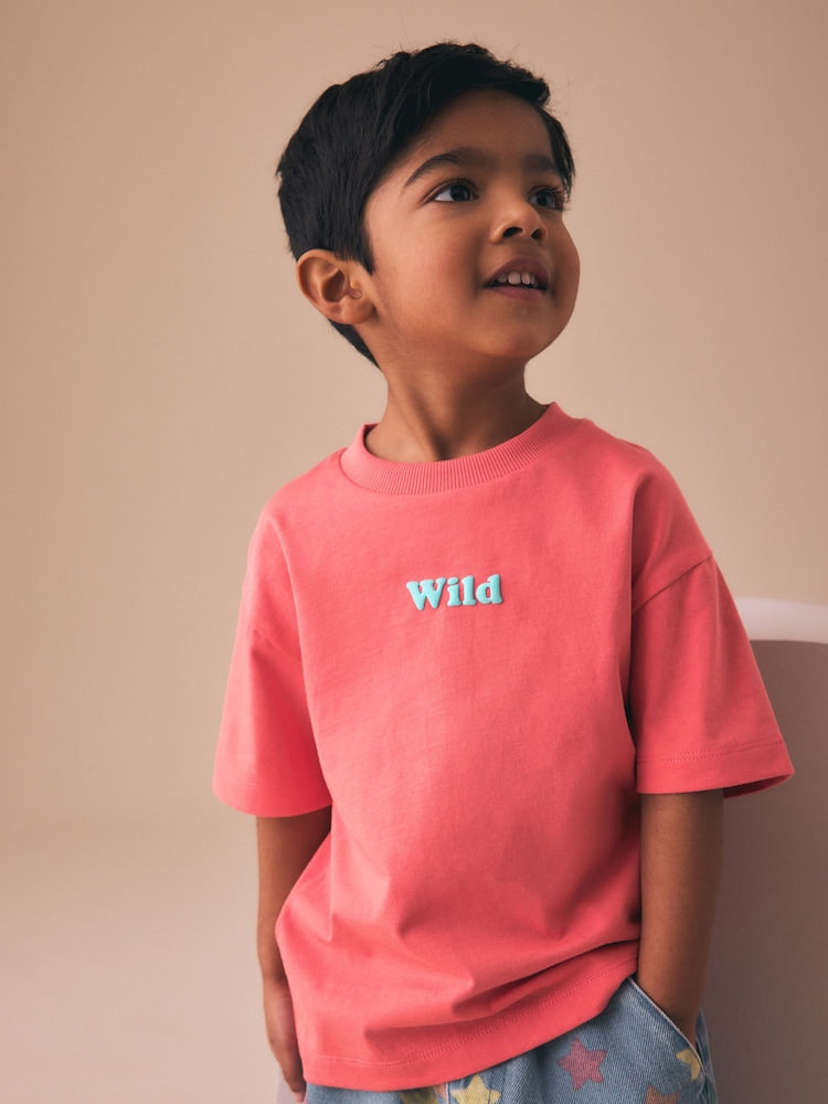 Coral Pink Wild Slogan Short Sleeve Small Graphic T-Shirt (3mths-7yrs) - Coral Pink Wild Slogan / 12-18 Months (80-86cm)