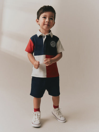 Red/Blue/Green Colourblock Short Sleeve Polo Shirt and Shorts Set (3mths-7yrs) - block / 12-18 Months (80-86cm)