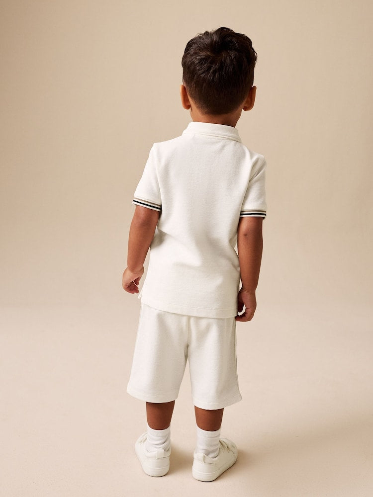 White Zip Neck Short Sleeve Polo Shirt And Shorts Set (3mths-7yrs)