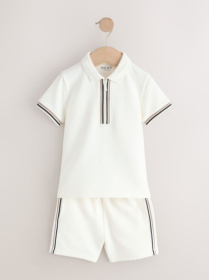 White Zip Neck Short Sleeve Polo Shirt And Shorts Set (3mths-7yrs)
