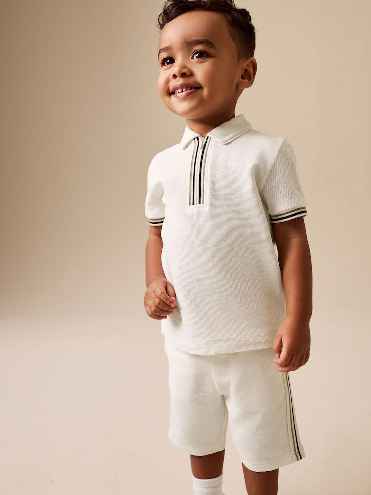 White Zip Neck Short Sleeve Polo Shirt And Shorts Set (3mths-7yrs)