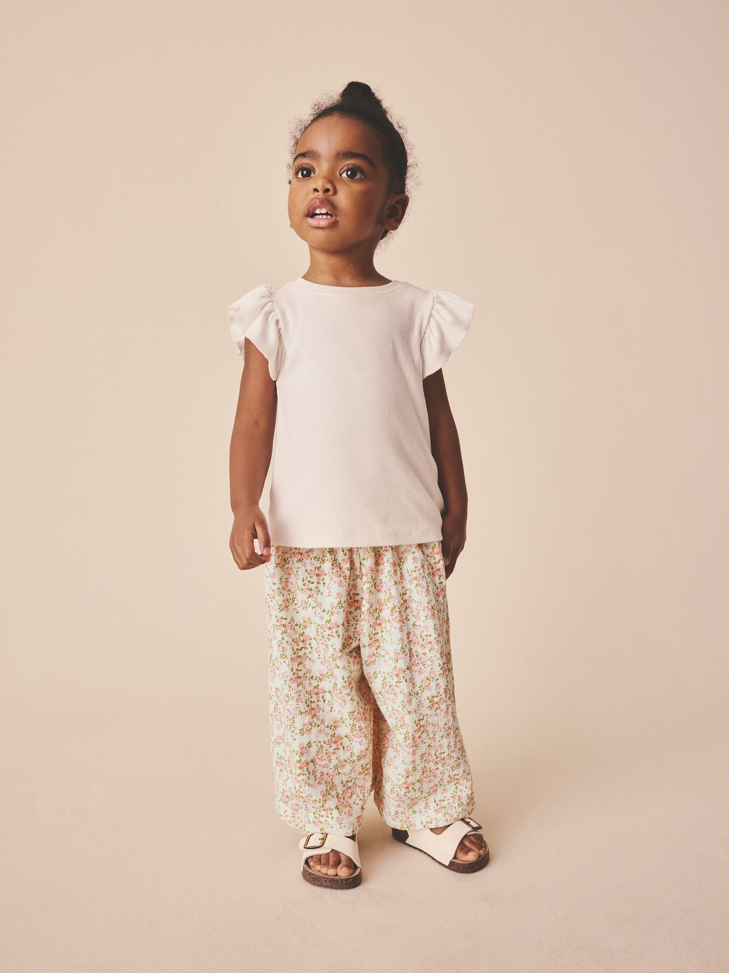 Ecru White Ditsy Floral Wide Leg Trousers (3mths-7yrs) - Size 3-6 Months (62-68cm)